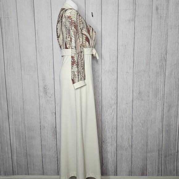 VTG 60s 70s Two Piece Earth Tone Marbled & Cream Maxi Dress & Jacket - Picture 3 of 9